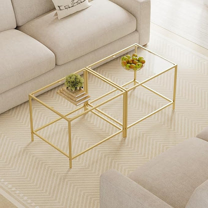 Glass Coffee Table, Modern Rectangular Coffee Table for Living Room, Minimalist Center Tea Table with Sturdy Metal Frame for Apartment, Office, Easy Assembly, 23.6 x 19.7 x 17.7 Inches, Golden