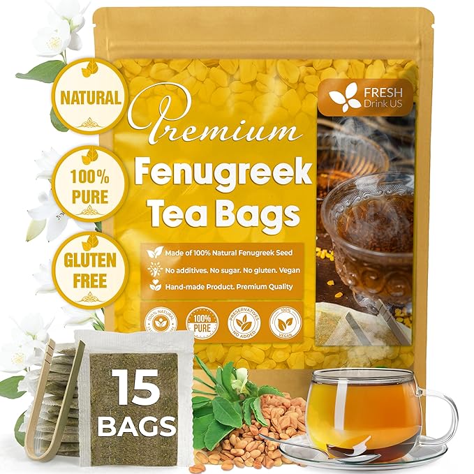 FreshDrinkUS, Premium 15 Tea Bags Fenugreek, 100% Natural & Pure from Fenugreek. Fenugreek Herbal Tea. Made with Natural Material Tea Bags. No Sugar, No Caffeine, No Gluten, Vegan.