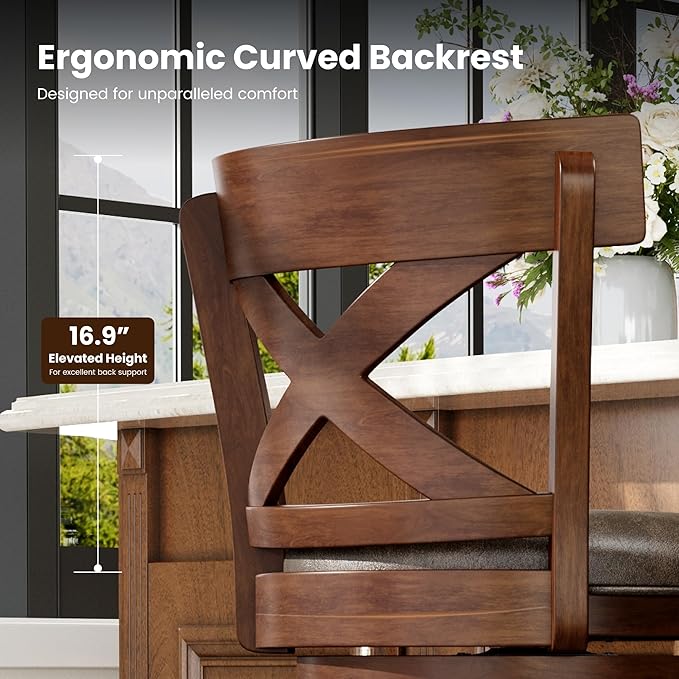 PHI VILLA 30 inch Bar Height Stools Set of 2,Swivel Wooden Barstools Tall Upholstered Faux Leather Barstool with Back,Vintage Bar Height Chairs,Dark Brown Kitchen Stools