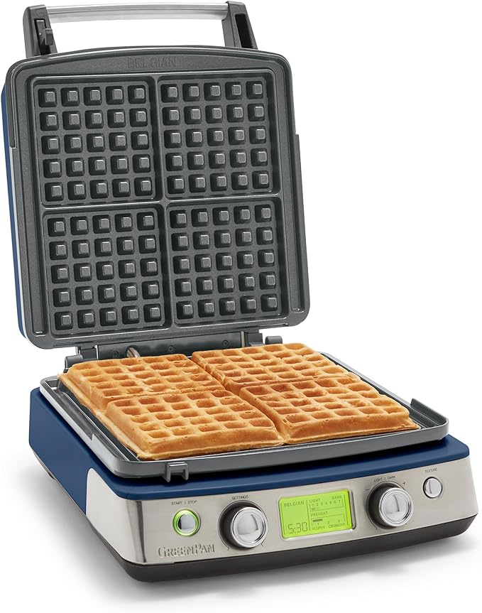 GreenPan Elite 4-Square Belgian & Classic Waffle Maker, Healthy Ceramic Nonstick Aluminum Dishwasher Safe Plate,Adjustable Shade/Crunch Control Wont Overflow Easy Clean,Breakfast,PFAS-Free,Oxford Blue