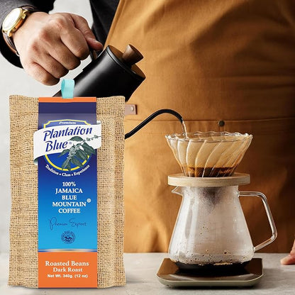 Plantation Blue 100% Blue Mountain Coffee, Dark Roast, Whole Bean, Premium Jamaican Coffee, 12oz