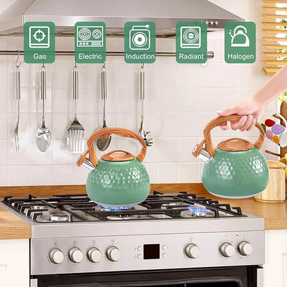 GGC Tea Kettle for Stove Top, Loud Whistling Kettle for Boiling Water Coffee or Milk, 3.1 Quart 3L Heavy Stainless Steel Green Tea Pot with Wood Pattern Handle, Unique Button Control Outlet