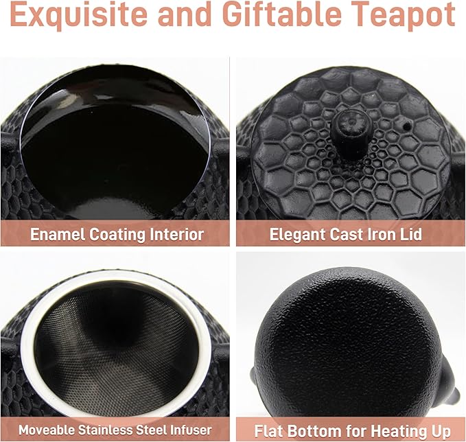 20.3oz Small Cast Iron Teapot, SECHUDO Cast Iron Tea Kettle for Stovetop Safe Coated with Enameled Interior, Cast Iron Tea Pot with Stainless Steel Infuser for Loose Tea (Black Honeycomb Pattern)