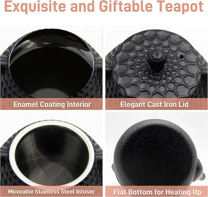 20.3oz Small Cast Iron Teapot, SECHUDO Cast Iron Tea Kettle for Stovetop Safe Coated with Enameled Interior, Cast Iron Tea Pot with Stainless Steel Infuser for Loose Tea (Black Honeycomb Pattern)