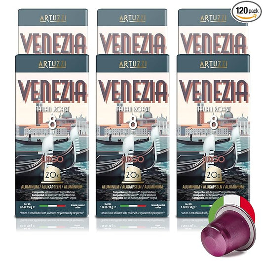 Artuzzi Lungo Venezia I 120ct Espresso Capsules Compatible with Nespresso Original Machines I Dark Roast I Intensity 8 I Aluminum & Recyclable Lungo Pods I Italian Roast