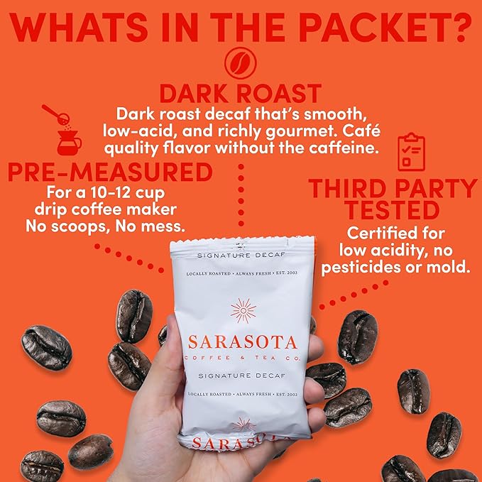 Coffee Packets – Decaf Medium-Dark Roast Ground Coffee, Low Acid Mold Free 2 oz Packs for 12 Cup Brewers, Pre-Measured Fractional Packs, 12 Count Box – Sarasota