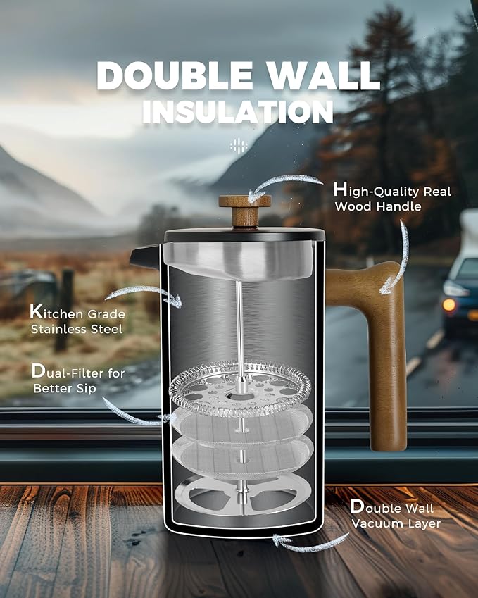 POLIVIAR French Press Coffee Maker, 34 Ounce Coffee Press with Real Wood Handle, Double Wall Insulation & Dual- Filter Screen, Food Grade Stainless Steel for Good Coffee and Tea (Vintage)