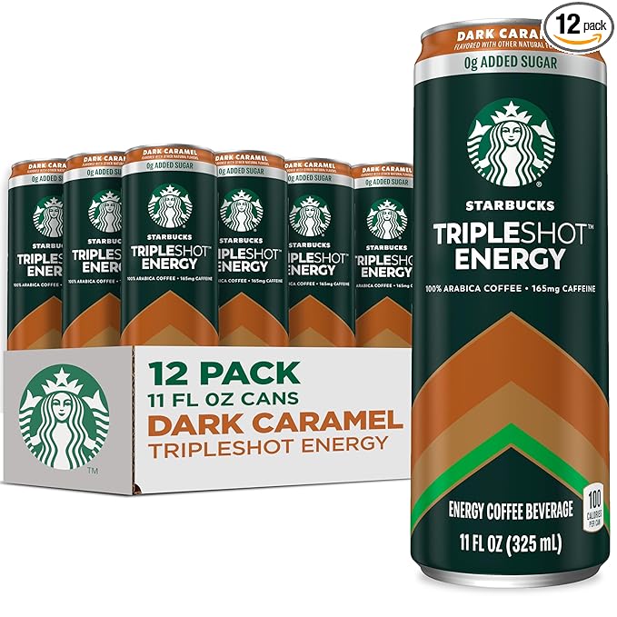 Starbucks Tripleshot Coffee Energy Drink, Dark Caramel, 11 fl oz Cans (12 Pack), Triple Blend, 165mg Caffeine, B Vitamins, Protein, Iced Coffee (Packaging and Formula May Vary)