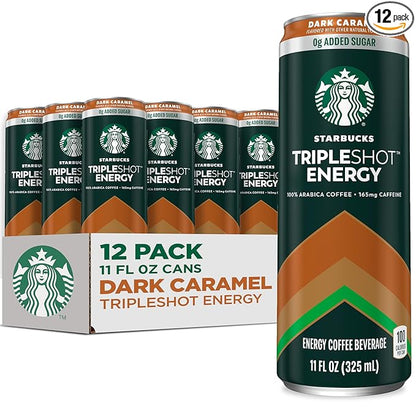 Starbucks Tripleshot Coffee Energy Drink, Dark Caramel, 11 fl oz Cans (12 Pack), Triple Blend, 165mg Caffeine, B Vitamins, Protein, Iced Coffee (Packaging and Formula May Vary)
