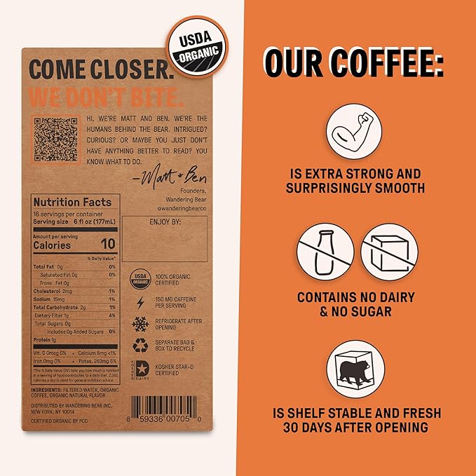 Wandering Bear Organic Hazelnut Cold Brew Coffee On Tap, Iced Coffee Drink -Extra Strong, Smooth, No Sugar Added, Shelf-Stable, Ready to Drink,Gluten Free & Vegan Decaf -16 Servings of 6fl.oz -96fl.oz