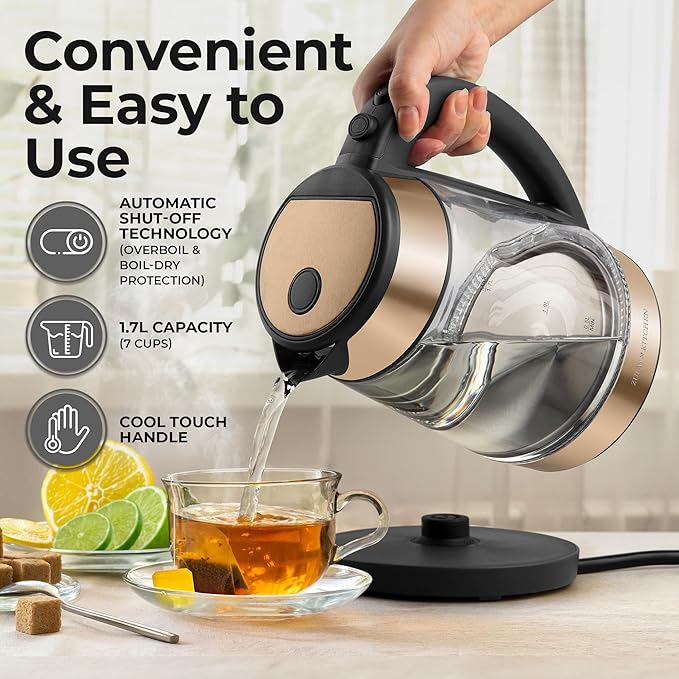 Zulay Kitchen Fast Boiling Electric Water Kettle - 1.7L, 1500W, Auto Shut-Off for Overboil & Boil Dry Protection, Cool-Touch Handle, 360° Base - Rapid Teapot Boiler For Coffee & Tea - Black Copper