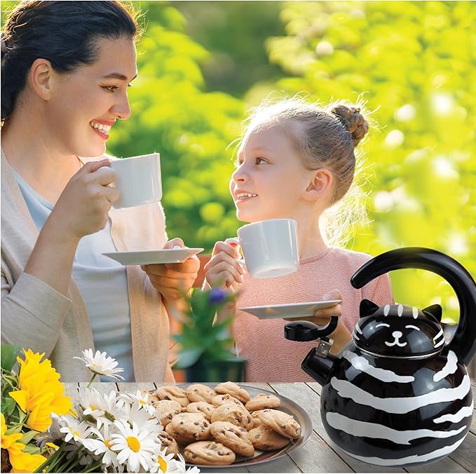 Trenton Gifts Whistling Tea Kettle - Enamel on Steel Black Cat Decor - Cute Animal Stovetop Kettle - 2.1 Quart Tea Pots