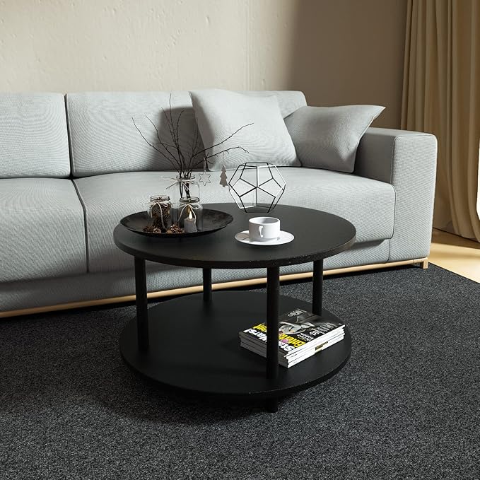 Small Round Coffee Table with Open Storage for Small Space, 23.5" Black 2-Tier Wooden Center Table for Living Room, Metal Legs, Easy to Assemble