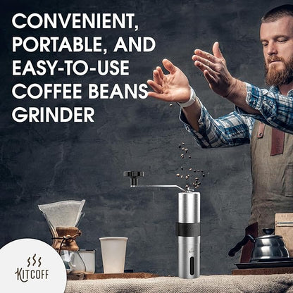 Manual Coffee Grinder — Stainless Steel Conical Burr Coffee Bean Grinder with Hand Crank, 18 Adjustable Settings, Storage Pouch and Sturdy Grip — Portable Coffee Grinder for Camping or Travel