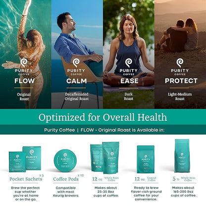 Purity Coffee FLOW Original Medium Roast Ground Coffee for Focus and Clean Energy - USDA Organic and Third-Party Tested for Antioxidants, Mold, Mycotoxins and Pesticides - 12oz (Purity Flow, medium_roast) | Ground| FLOW