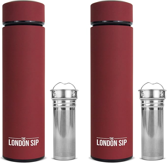 London Sip Multi-Purpose Travel Mug and Tumbler Fruit Infused Flask Hot and Cold Double Wall Stainless Steel Thermos with Extra-Long Infuser, Sacred Red, Pack of 2