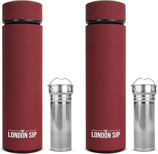 London Sip Multi-Purpose Travel Mug and Tumbler Fruit Infused Flask Hot and Cold Double Wall Stainless Steel Thermos with Extra-Long Infuser, Sacred Red, Pack of 2