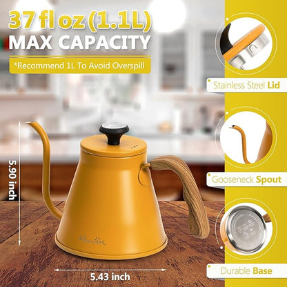 Harriet Gooseneck Kettle with Thermometer for Pour Over Coffee and Tea, 37 fl oz, Stainless Steel, Durable 3-Layer Base, Ideal Spout for Precision Pouring, Compatible with all Stove Tops, Yellow