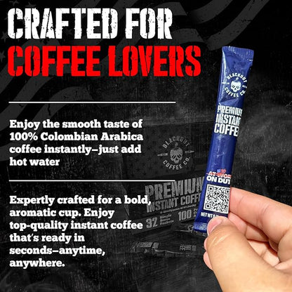 Blackout Coffee Colombian Arabica Instant Coffee – Medium Roast, Strong Aromatic, Single Serve Packets – Premium Quality 32 Count, American Made