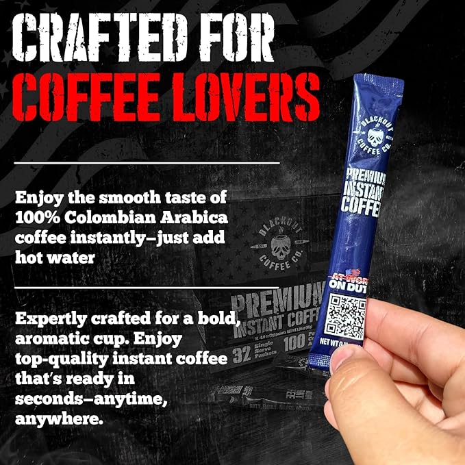 Blackout Coffee Colombian Arabica Instant Coffee – Medium Roast, Strong Aromatic, Single Serve Packets – Premium Quality 32 Count, American Made