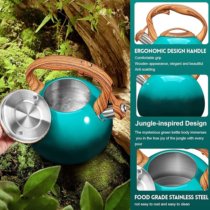 GGC Tea Kettle for Stove Top, 3.1QT/3L Whistling Tea Kettles for Boiling Water Coffee or Milk, Gradient Green Tea Pot with Wood Parttern Handle, Stainless Steel Tea Pot for Home and Kitchen