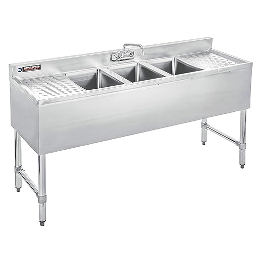 DuraSteel 3 Compartment Under Bar Sink - CEC & NSF 304 Stainless Steel 3 Bay Utility Sink with No Lead Faucet - 60" L x 19" W x 33" H - Double Drainboard Commercial Restaurant Grade