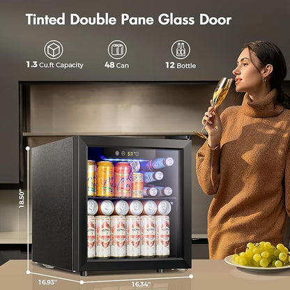 Kismile 1.3 Cu.ft Beverage Refrigerator and Cooler,12 Bottle 48 Can Mini Fridge Glass Door, Digital Temperature Display for Soda, Beer or Wine, Small Drink Dispenser Cooler for Home, Office, Bar