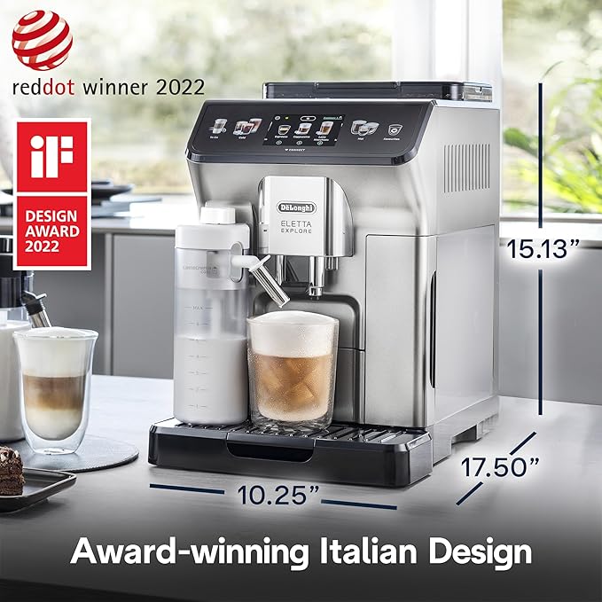 De'Longhi Eletta Explore Espresso Machine with Cold Brew, Hot & Cold Milk Frother - 50+ Recipes, Built in Grinder, User Profiles, Smartphone Compatible with Bean Adapt Technology for Ideal Extraction