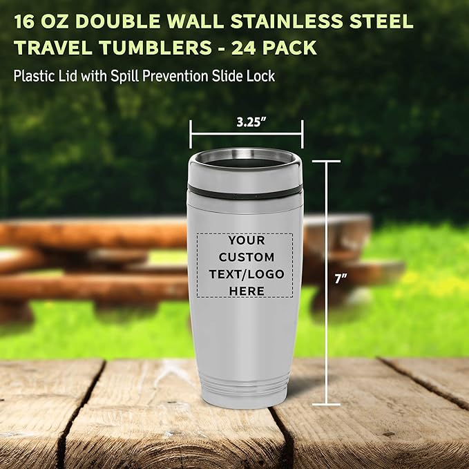 DISCOUNT PROMOS Custom Stainless Steel Tumblers 16 oz Set of 6/12/24 Personalized Bulk Pack Perfect for Coffee Soda Other Hot Cold Beverages - Silver