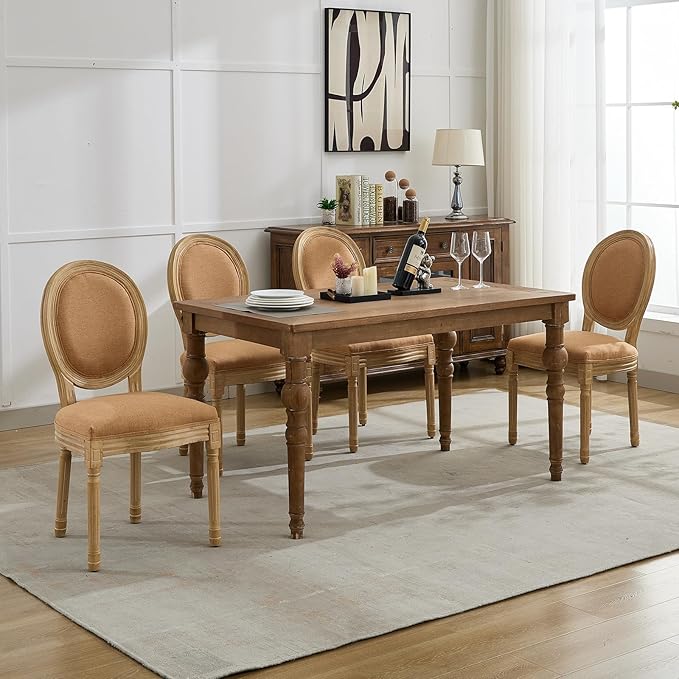 French Country Dining Chairs Set of 4, Amber Round Back Dining Chairs with Linen Upholstered Seat, Solid Wood Legs, Farmhouse Kitchen & Dining Room Chairs, Sillas De Comedor (Amber, 4Pcs)