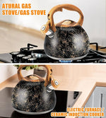 Load image into Gallery viewer, 3.2Qt Whistling Tea Kettle for Stove Top, Food Grade Stainless Steel Wood Handle Teapot, Durable for Brewing Coffee, Tea, Milk, Suitable for All Heat Sources (Golden line)