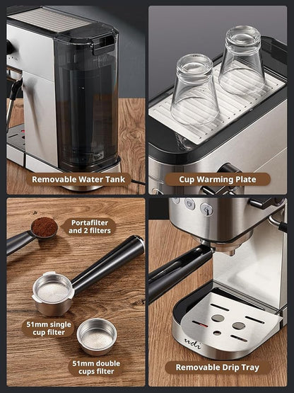 UDI Espresso Machine with Milk Frother, 20 Bar High Pressure Professional Espresso Maker Automatic, Compact Stainless Steel Coffee Machine for Cappuccino, Latte, Silver
