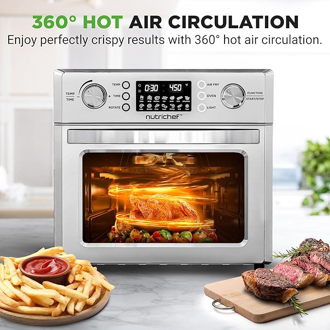 NutriChef 26L Electric Air Fryer Oven | 1700W Countertop Rotisserie & Air Fryer | 360° Rotating Feature | 10 Digital Menu Presets | Includes Drip Tray, Air Frying Basket & Bake Rack 15x16x14 (Silver)