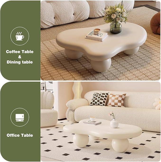 Cloud Coffee Table for Living Room with Round Corners Modern Style Center Table with 3 Ball-Shaped Legs Wood Tea Table for Small Space Apartment Easy Assembly (White W48 * D36 * H14inch)