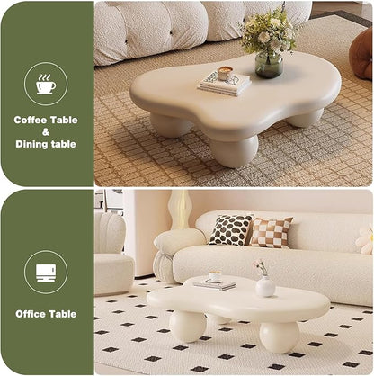 Cloud Coffee Table for Living Room with Round Corners Modern Style Center Table with 3 Ball-Shaped Legs Wood Tea Table for Small Space Apartment Easy Assembly (White W48 * D36 * H14inch)