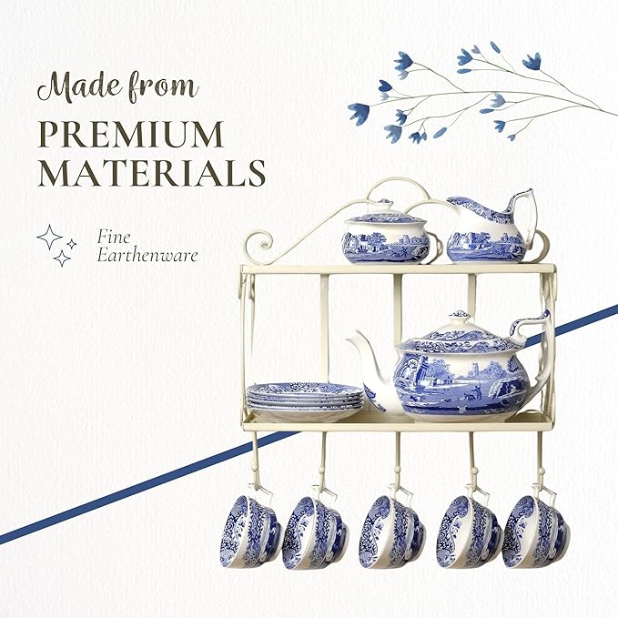 Spode Blue Italian Teapot with Infuser - 40 oz Countryside-Inspired Ceramic Teaware for Afternoon Tea, Earthenware Brunch Tableware, Vintage-Inspired Tea Party Hosting