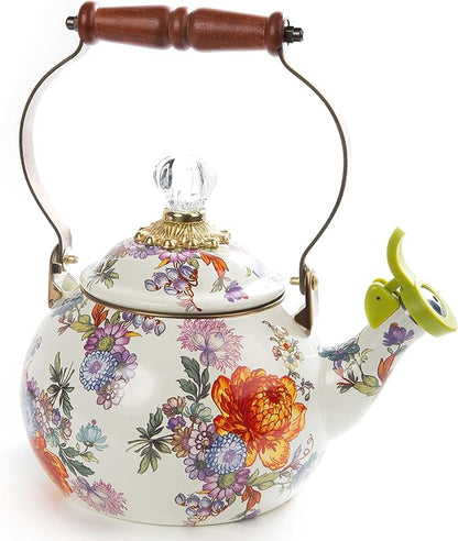 MACKENZIE-CHILDS Enamel Whistling Tea Kettle, Decorative Teapot for Stovetop, White Flower Market