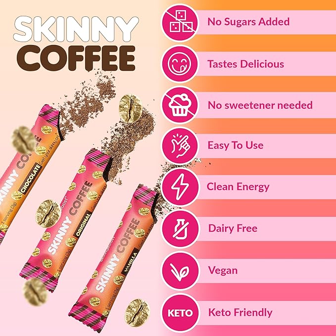 Skinny Boost Instant Skinny Coffee Sticks (Chocolate) - Made with Arabica Coffee Beans, Garcinia Cambogia, Green Tea Extract, B Vitamins, Fiber and Prebiotics –Sugar Free-Keto Friendly (28 Packets)