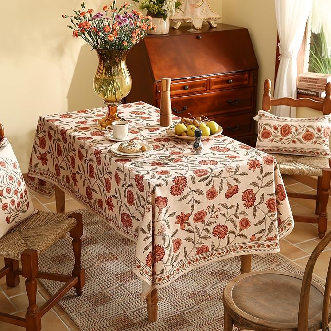 Designer French Long Tablecloth Rectangle,Linen Orange Floral Pattern Indoor Table Cloth,Wrinkle Resistant Decor Table Cloth for Dining Thanksgiving Kitchen Party,63"*102"-Alvarado D