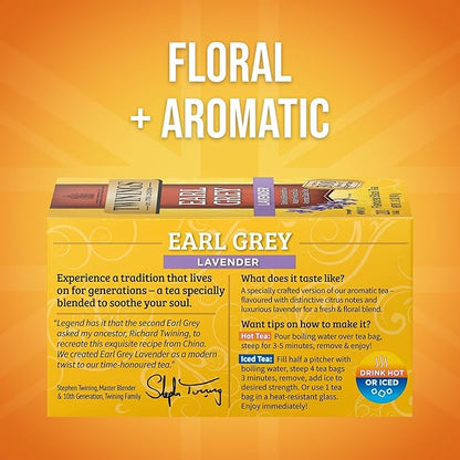 Twinings Earl Grey Lavender Black Tea Individually Wrapped Bags, 20 Count (Pack of 1), Citrus, Bergamot & Floral, Caffeinated, Enjoy Hot or Iced, 20 Teabags