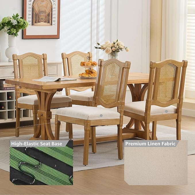 Vintage French Country Dining Chairs Set of 4, Beige Cane Back Rattan Dining Chairs with Linen Upholstered Seat, Solid Wood Legs, Farmhouse Kitchen & Dining Room, Sillas De Comedor (Beige, 4Pcs)