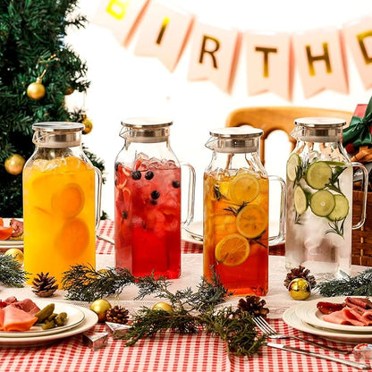 Netany 4 Pack 2 Liters/68 oz Square Glass Pitcher with Lid and Handle for Fridge, Iced Tea and Coffee Carafe Beverage Serveware, Heat Resistant Borosilicate Water Jug for Hot/Cold Drinks and Milk