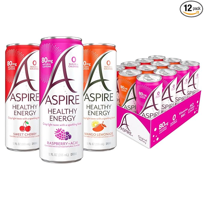 ASPIRE® Classics Variety Pack, Healthy Energy Drink 80mg Natural Caffeine, Zero Sugar No Carbs Keto Friendly, 12 Pack Green Tea Sugar Free Drink Low Caffeine Zero Calorie