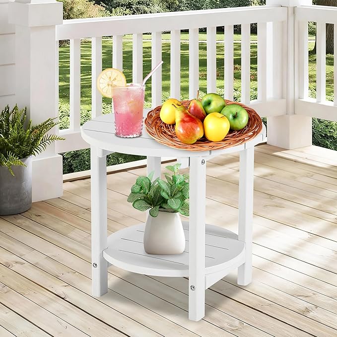 LZRS Round Adirondack Side Table Double End Table, Outdoor Side Tables for Patio, Backyard,Pool, Indoor Companion, Easy Maintenance & Weather Resistant(White)