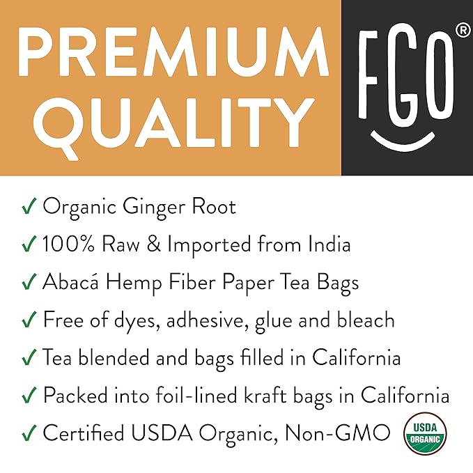 FGO Organic Ginger Tea, 20 Count, Eco-Conscious Tea Bags, Caffeine Free, Packaging May Vary (Pack of 1)