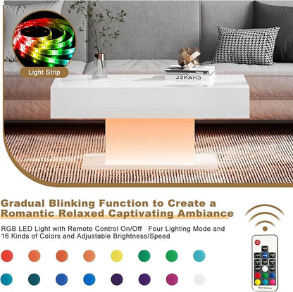 Led Coffee Table for Living Room, Living Room Table Rectangular Center Table, Modern High Glossy Wooden Coffee Tables with 16 Colors LED Lights for Dining Reception Room, White
