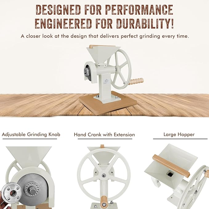 Manual Hand Grain Mill White | Heavy-Duty Hand Operated Food Grinder for Wheat, Corn, Oats, Coffee Beans, Rice & Dry Grains | Hand Crank Kitchen Flour Mill for Home, Camping, Survival & Everyday Use