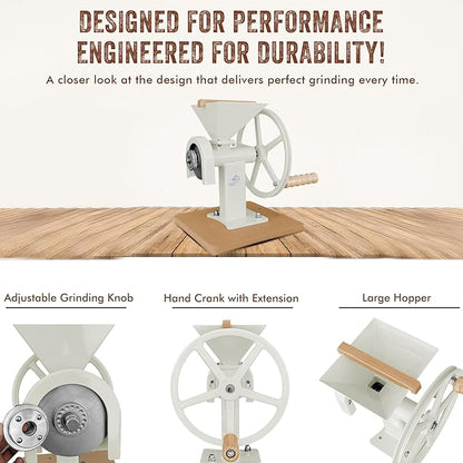 Manual Hand Grain Mill White | Heavy-Duty Hand Operated Food Grinder for Wheat, Corn, Oats, Coffee Beans, Rice & Dry Grains | Hand Crank Kitchen Flour Mill for Home, Camping, Survival & Everyday Use