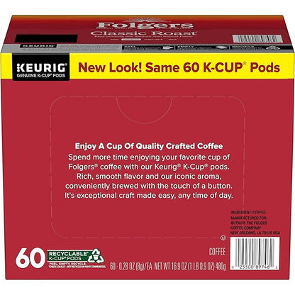 Folgers Classic Roast Coffee, Medium Roast, Keurig K-Cup Pods, 10 Count Box (Pack of 6)
