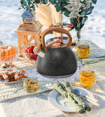 Load image into Gallery viewer, Whistling Tea Kettle Stovetop, Tea Pots for Stove Top Food Grade Stainless Steel with Wood Pattern Handle, 3.2Quart (Black)